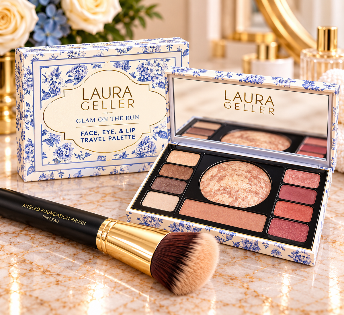 Laura Geller Glam on the Run Face, Eye & Lip Travel Palette with brush