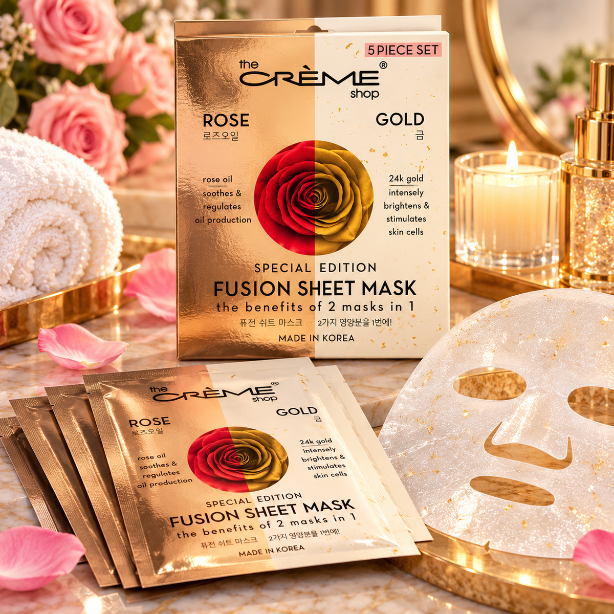 The Crème Shop Rose + Gold Special Edition Fusion Sheet Mask – 5 Piece Set