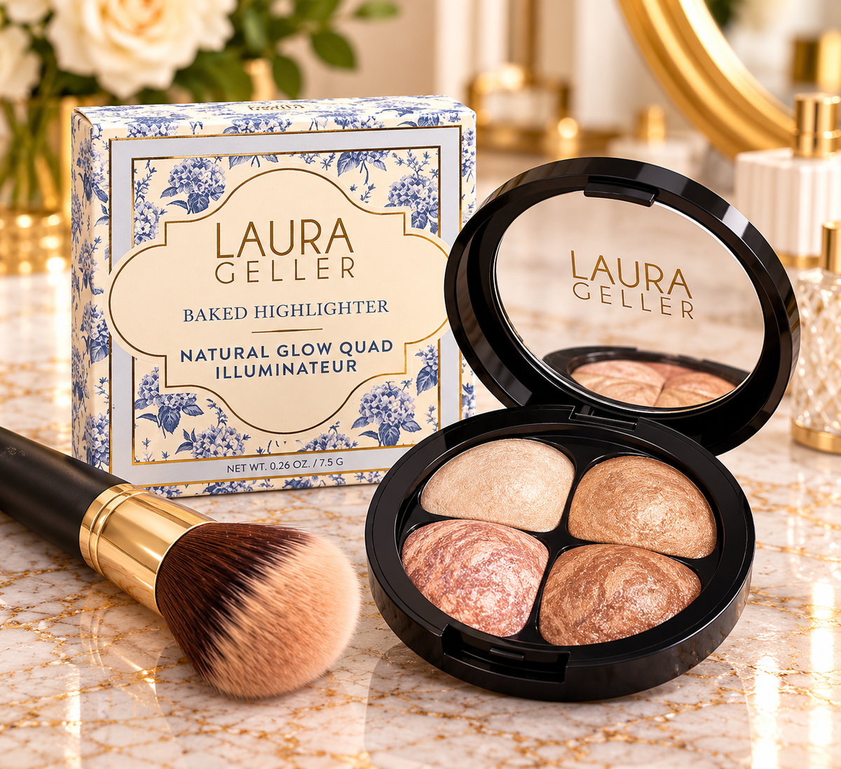 Laura Geller Baked Highlighter Natural Glow Quad - French Vanilla, Portofino Golden Rose and French Kiss with brush