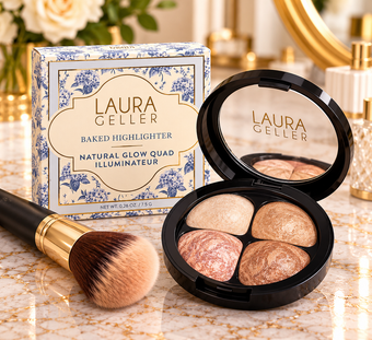 Laura Geller Baked Highlighter Natural Glow Quad - French Vanilla, Portofino Golden Rose and French Kiss with brush