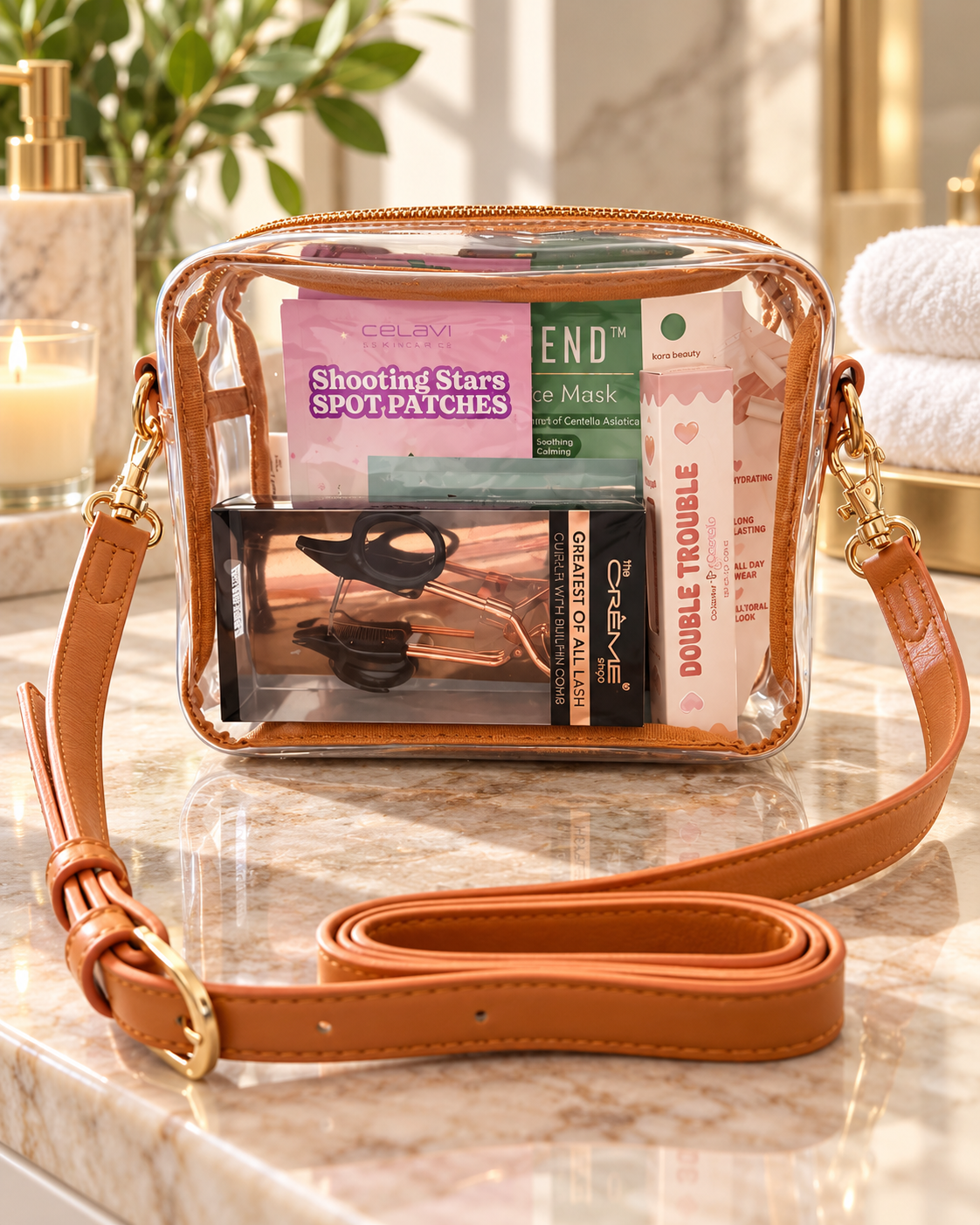 Beauty On the Go – Clear Crossbody Skincare & Makeup Gift Set