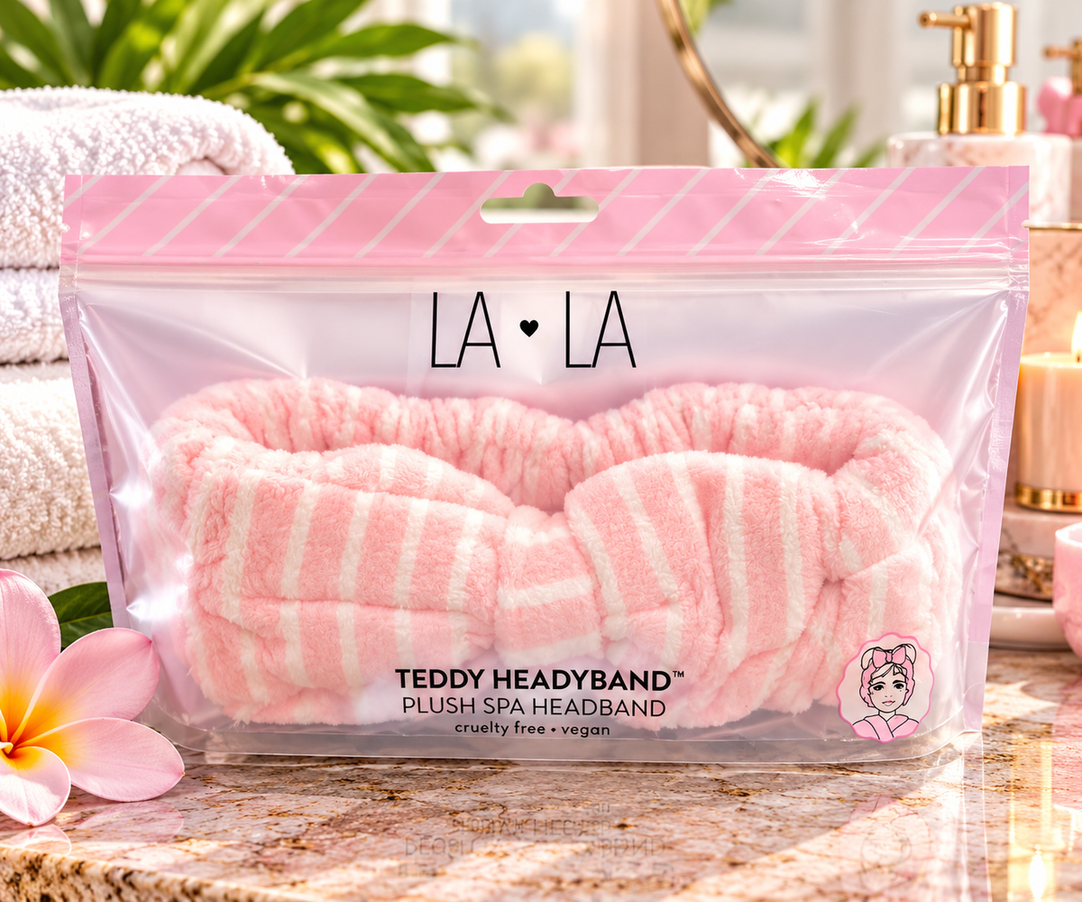LA LA Teddy Headband Plush Spa Headband – Pink Stripe